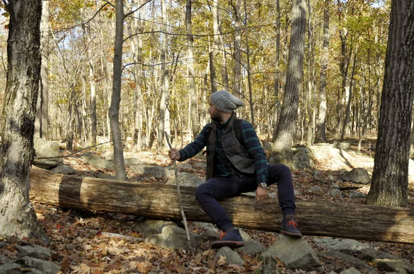 El hombre está sentado en el bosque de otoño en las montañas. Senderismo y viajes — Foto de Stock