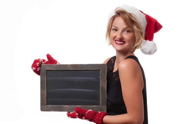 Christmas. Beautiful woman wear santa hat — Stock Photo, Image