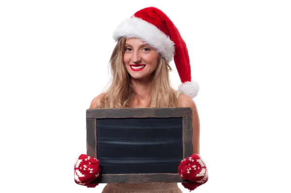 Jul. Vacker kvinna bära santa hatt — Stockfoto