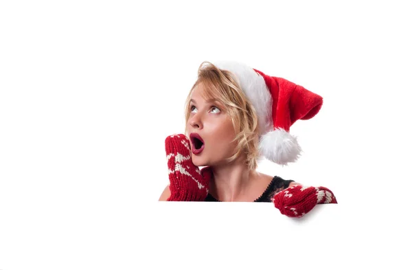 Christmas. Beautiful woman wear santa hat — Stock Photo, Image