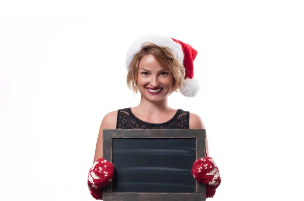 Christmas. Beautiful woman wear santa hat — Stock Photo, Image