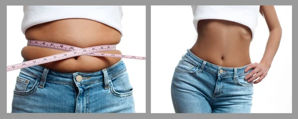 Corpo da mulher antes e depois da perda de peso. Conceito de dieta — Fotografia de Stock