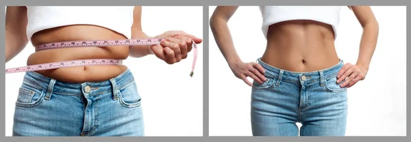 Женское тело до и после потери веса. Концепция питания — стоковое фото