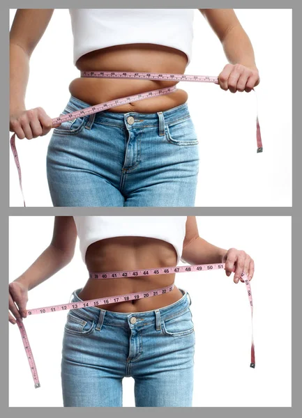 Cuerpo de la mujer antes y después de la pérdida de peso. Concepto de dieta — Foto de Stock
