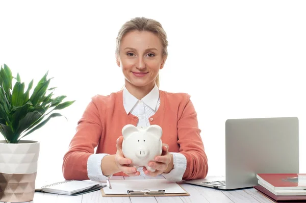 Business woman is holding piggy bank. Saving concept — Stock Photo, Image