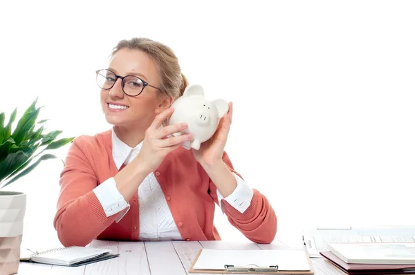 Business woman is holding piggy bank. Saving concept — Stock Photo, Image