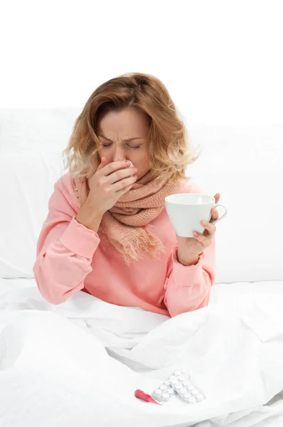 Woman having a cold, flu. Sore throat and coughing — Stock Photo, Image