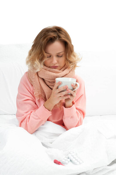 Woman having a cold, flu. Sore throat and coughing
