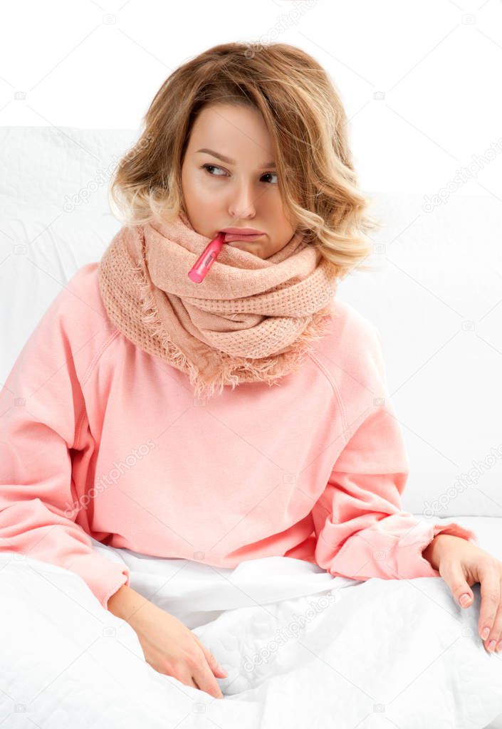 Woman having a cold, flu. Sore throat and coughing