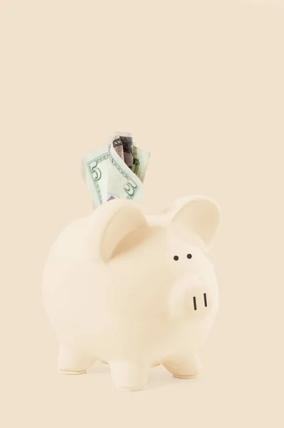 Piggy bank and dollar banknotes on pastel background — Stock Photo, Image