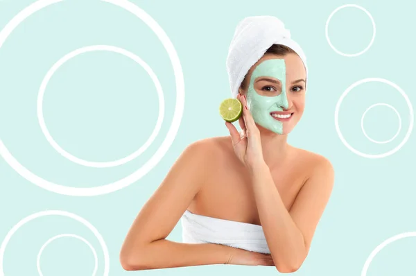 Beautiful woman with clay mask on pastel green background. Beauty and spa — Stock Photo, Image