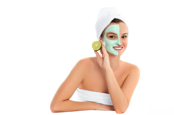 Beautiful woman with clay mask on white background. Beauty and spa — Stock Photo, Image