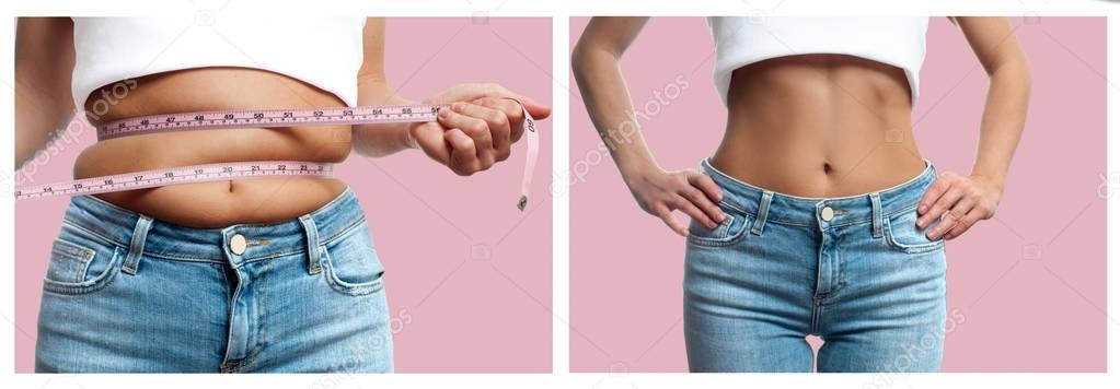 Woman's body before and after weight loss on pastel pink backgro