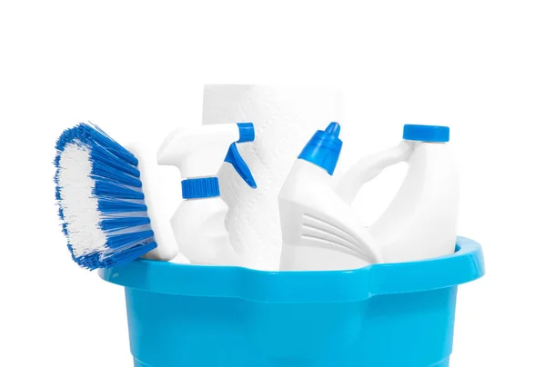 Cleaning supplies in blue bucket — Stock Photo, Image