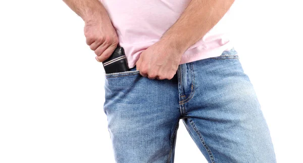 O homem pôs a carteira em um bolso de calça . — Fotografia de Stock