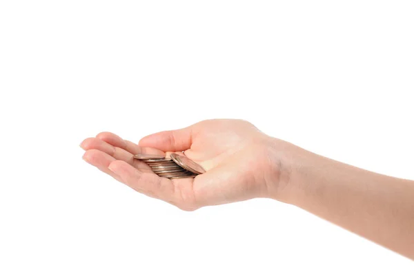Kvinnliga händer med mynt på vit bakgrund — Stockfoto