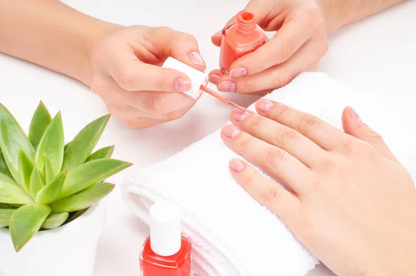 Pflege der Hände. Maniküre trägt im Salon Nagellack auf weiblichen Finger auf — Stockfoto