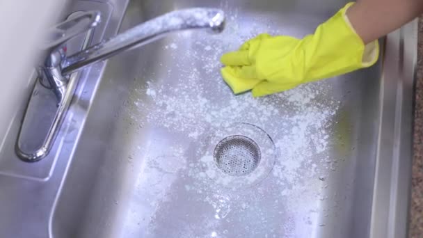 Cleaning Kitchen Sink Woman Washes Kitchen Sink Detergent Rubber Gloves — Stock Video