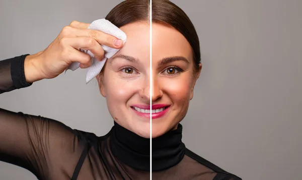 Hermosa mujer quitándose el maquillaje de la cara. Concepto de belleza — Foto de Stock