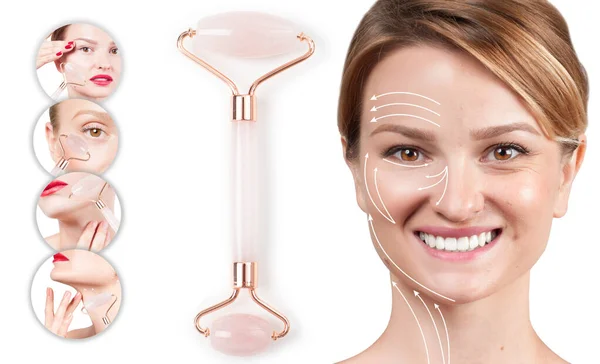 Concept of skin rejuvenation. Woman with massage lines showing her face after face roller massage. — ストック写真