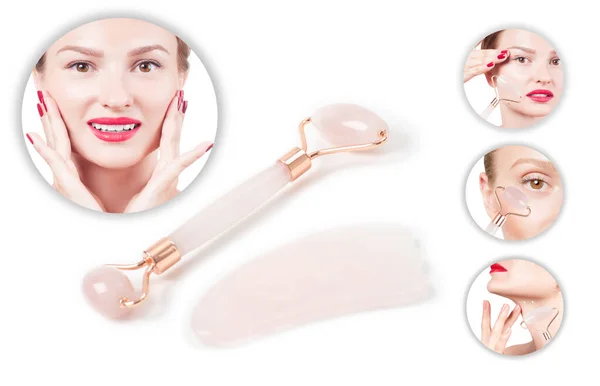 Face lift anti-aging treatment with jade roller. Woman with perfect skin of her face after massage.