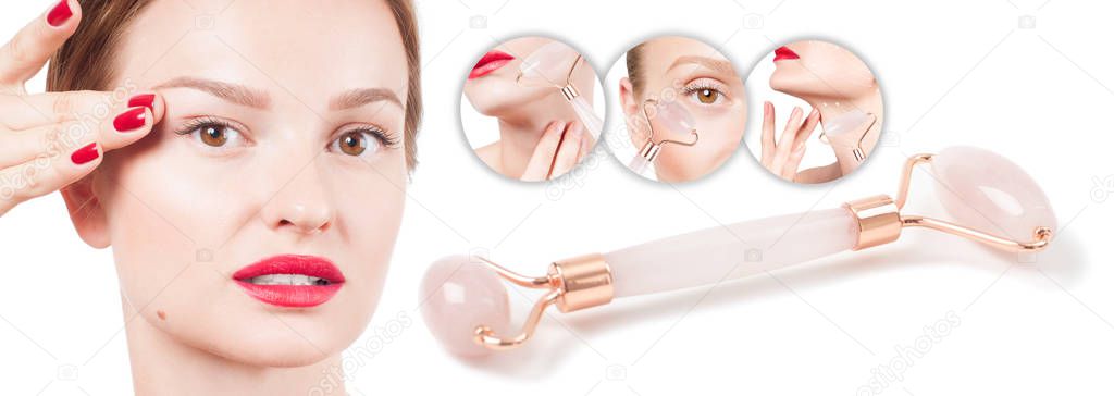 Face lift anti-aging treatment with jade roller. Woman with perfect skin of her face after massage.