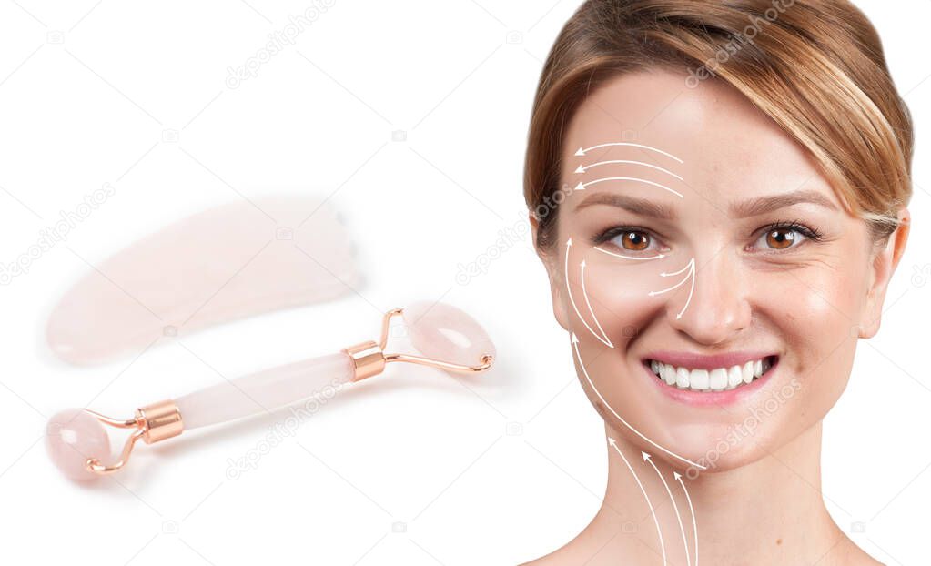 Woman with massage lines showing her jade after face roller massage.