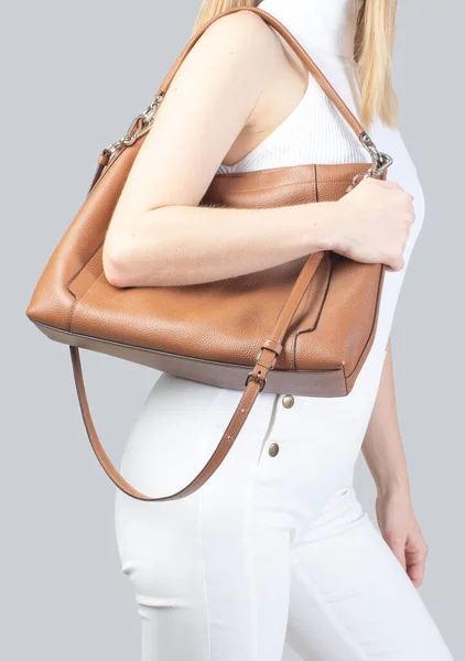 Fashionable Clothes Bags Beautiful Fashion Woman Brown Bag Studio — Stock Photo, Image