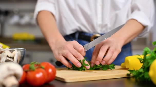 Vrouw Snijdt Tomaten Snijplank Keuken Slow Motion Verse Groenten Voor — Stockvideo