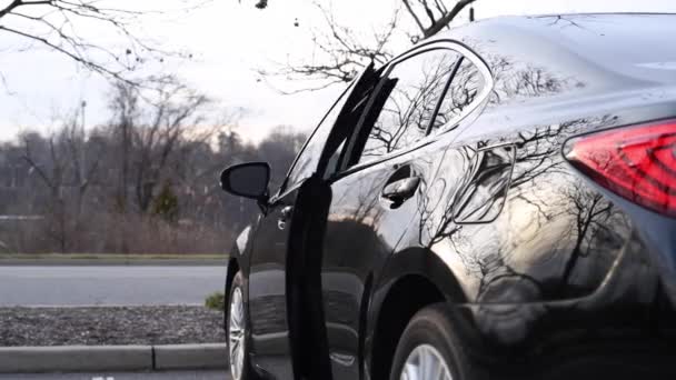 Geschäftsfrau Öffnet Autotür Und Steigt Auf Straße Aus — Stockvideo