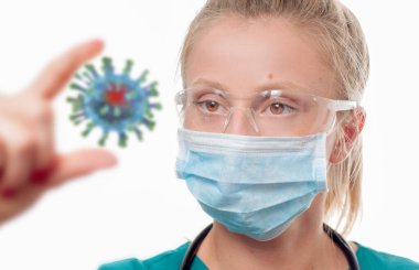 Tehlikeli solunum 2019-nCov virüsü. Korumalı maskeli doktor Coronavirus 'u tutuyor, NCov. Salgın COVID-19 ve Salgın Konsepti