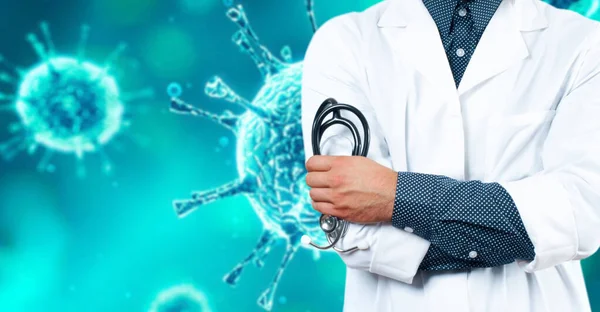 Outbreaking Coronavirus Covid Doctor Stethoscope Hands Virus Background — Stock Photo, Image