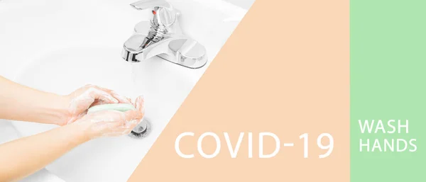 Woman washes her hands with soap in sink. Coronavirus. Covid-19. Wash hands