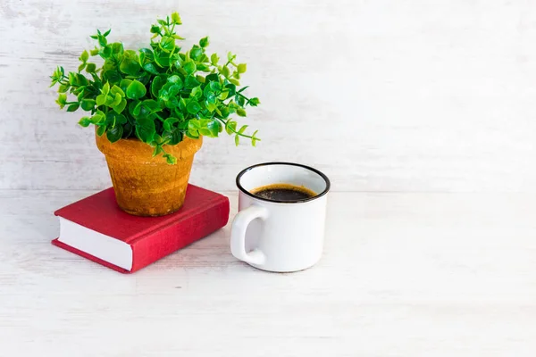 Kleines rotes Buch, Kaffeetasse und grüne Blume in rustikaler Keramikkanne. weißer Holzhintergrund, Kopierraum. — Stockfoto