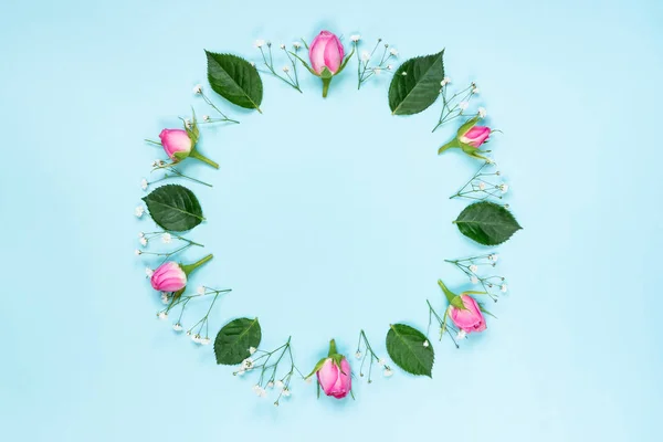 Vista superior de rosas rosa e folhas verdes grinalda sobre fundo azul. Fundo floral abstrato . — Fotografia de Stock