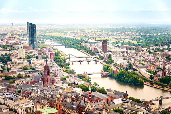Aerial view of Frankfurt Um Main - old city center, European Central Bank building and river Main.