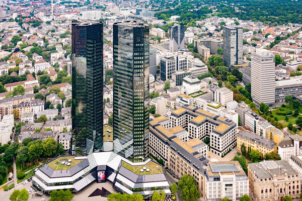 Frankfurt Um Main, Germany 21-July-2018. A view at The Deutsche Bank twin mirrored skyscrapers.
