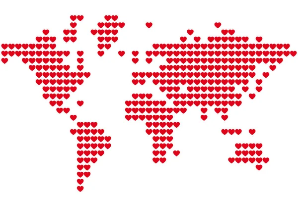 Mapa do mundo feito corações vermelhos — Vetor de Stock