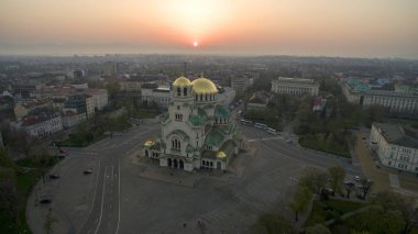 St.Alexander Nevsky havadan görünümü, gündoğumu, Sofia, Bulgaristan