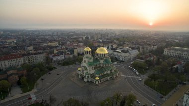 St.Alexander Nevsky havadan görünümü, gündoğumu, Sofia, Bulgaristan