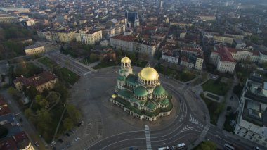 St.Alexander Nevsky havadan görünümü, gündoğumu, Sofia, Bulgaristan