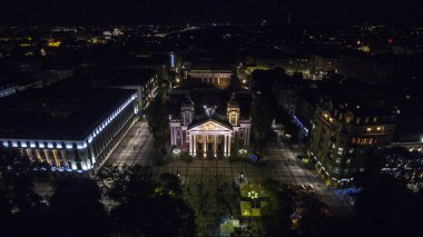 Ivan Vazov Nationa tiyatro hava görünümünü geceleyin, Sofia, Bulgaristan