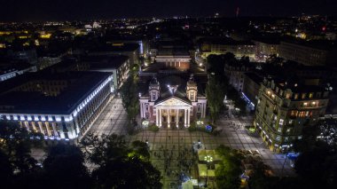 Ivan Vazov Nationa tiyatro hava görünümünü geceleyin, Sofia, Bulgaristan