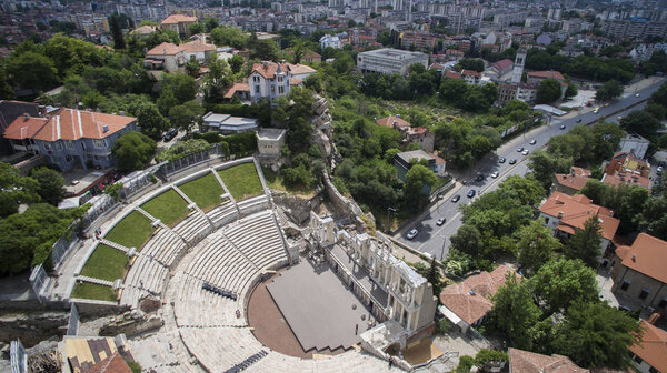 Aerial view of the Ancient Roman Theatre, Plovdiv, Bulgaria