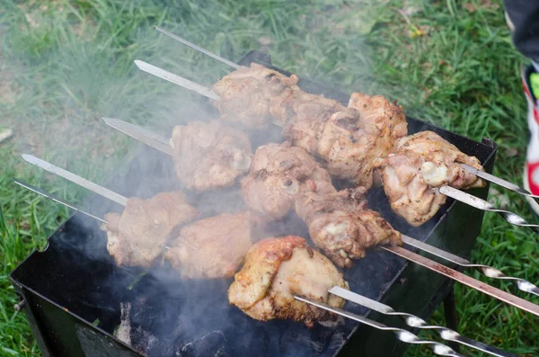 Shashlik marinado ou kebab shish, carne crua grelhando em espeto de metal, de perto. Foco seletivo — Fotografia de Stock