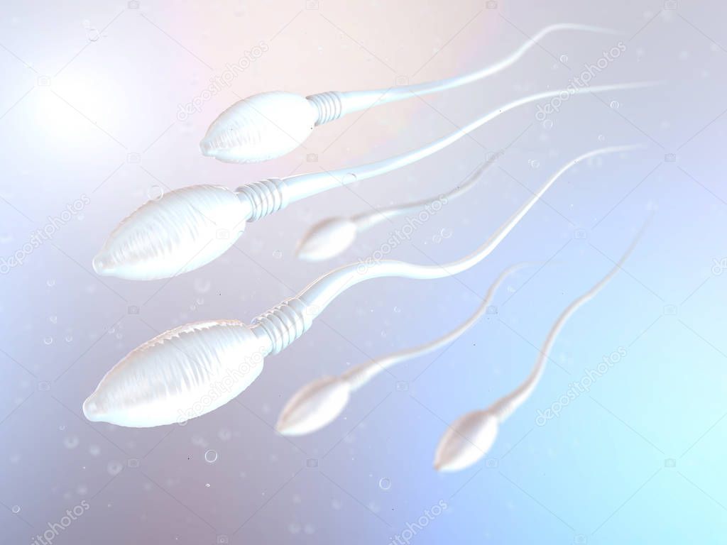 3d illustration of sperm cells moving to the right towards egg cell