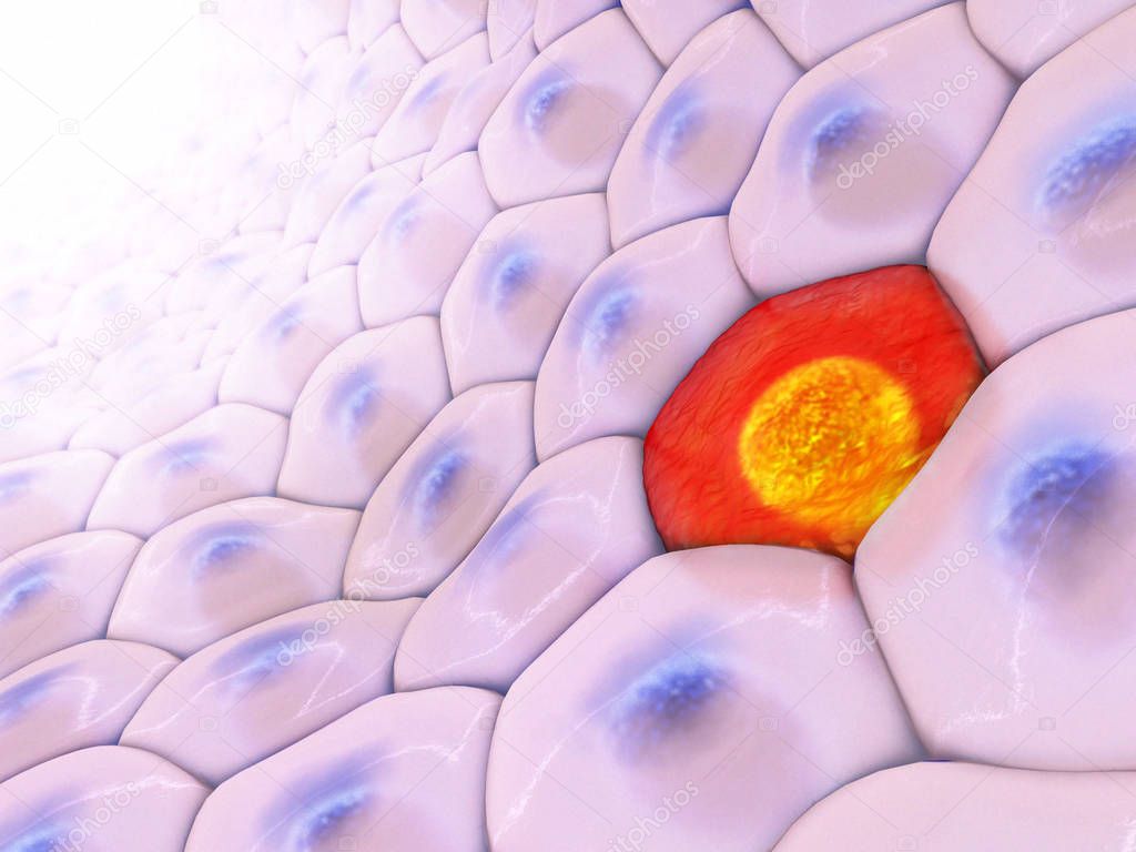 3d illustration of aligned cells with on red cell in the middle