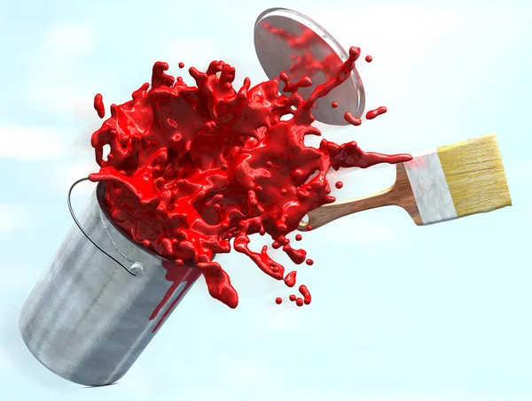 赤いペンキのペンキのバケツから破裂の — ストック写真