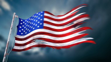 3D çizimi bir sökük ve yırtık bayrağı Amerika Birleşik Amerika'nın önünde karanlık bulutlu bir gökyüzü belirtti.