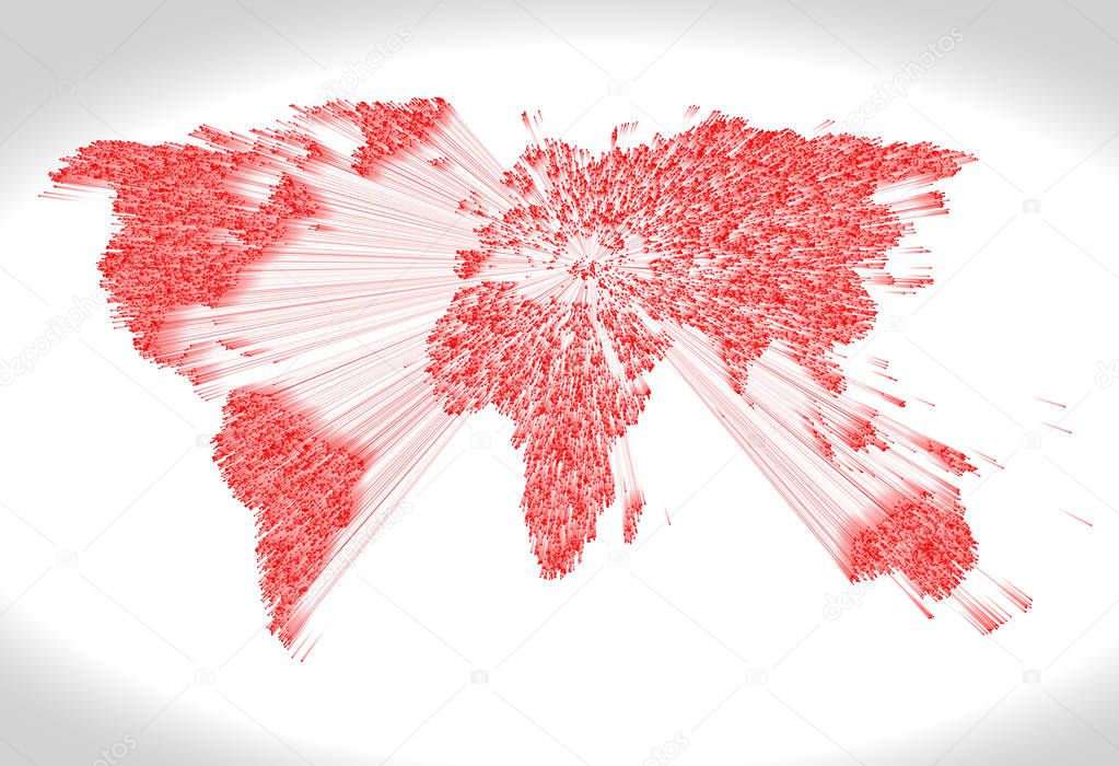 3d illustration of a heavy extruded red world map consisting of points